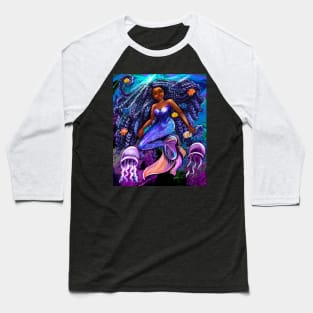 mermaid underwater with flowing shimmering blue black braids fish and jelly fish  , brown eyes curly Afro hair and caramel brown skin Baseball T-Shirt